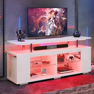 Pinmoco LED TV Stand for TVs up to 70", High Gloss Large Gaming Entertainment Center with Adjustable Shelf PS5 Storage TV Cabinet, White