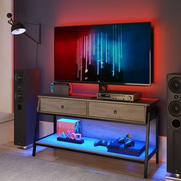 Pinmoco TV Stand with Adjustable Mount for 32-65" TVs, LED Lights& Storage, Wash Grey