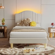 Pinmoco Twin Upholstered Bed Frame with Adjustable Arc-shaped Headboard, LED Platform Bed, Fabric Beige