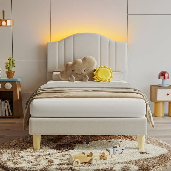 Pinmoco Twin Upholstered Bed Frame with Adjustable Arc-shaped Headboard, LED Platform Bed, Fabric Beige