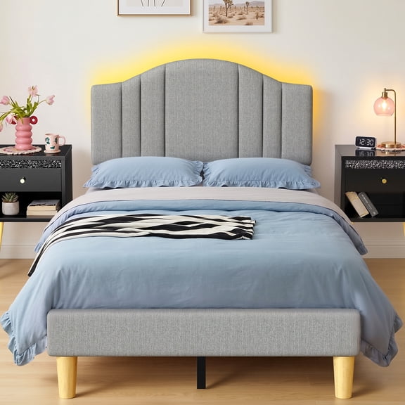 Pinmoco Twin Upholstered Bed Frame with Adjustable Arc-shaped Headboard, LED Platform Bed, Gray Fabric