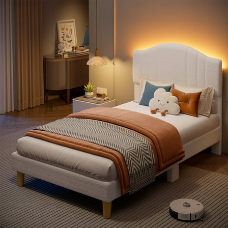 Pinmoco Twin Upholstered Bed Frame with Adjustable Arc-shaped Headboard, LED Platform Bed, Teddy Velvet White
