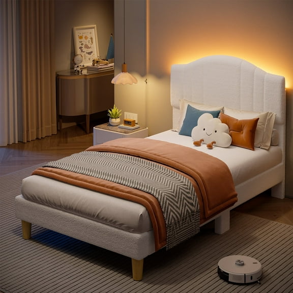 Pinmoco Twin Upholstered Bed Frame with Adjustable Arc-shaped Headboard, LED Platform Bed, Teddy Velvet White