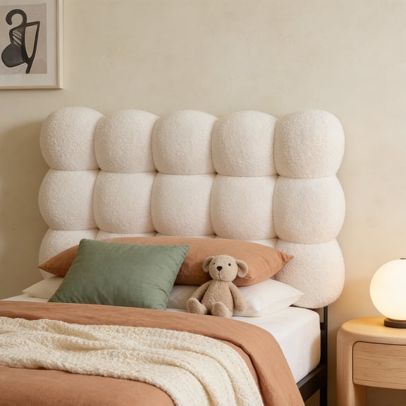 Pinmoco Twin Size Upholstered Headboard with Adjustable Height, Memory Foam Cloud-Shaped Ergonomic Design, Teddy Fleece Beige