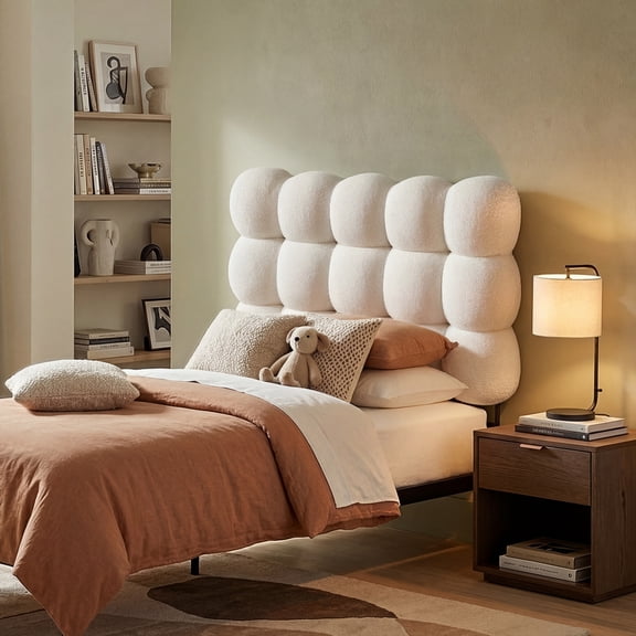 Pinmoco Twin Size Upholstered Headboard with Adjustable Height, Memory Foam Cloud-Shaped Ergonomic Design, Teddy Fleece Beige