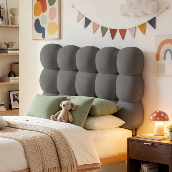 Pinmoco Twin Size Upholstered Headboard with Adjustable Height, Memory Foam Cloud-Shaped Ergonomic Design, Teddy Fleece Gray