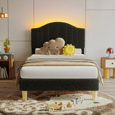Pinmoco Twin Upholstered Bed Frame with Adjustable Arc-shaped Headboard, LED Platform Bed, Teddy Velvet Black