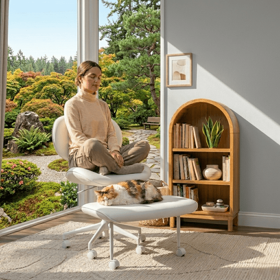 Pinmoco Extra Wide Armless Office Chair for Cross Legged Sitting, Ergonomic Swivel Desk Chair with Faux Leather, Comfy Task Chair for Home Office, Gaming & Meditation, Off White