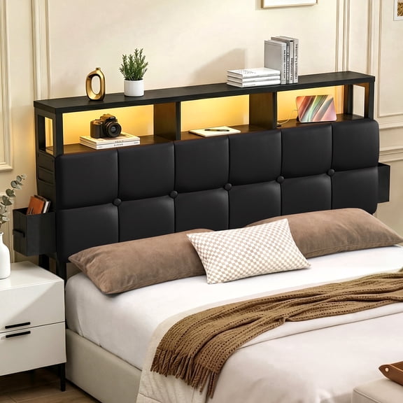 Pinmoco Tufted Upholstered Headboard for Full Bed with Storage, Charging Station & LED Light, Black PU Leather, Headboard Only