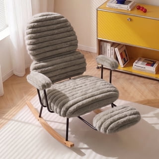 Pinmoco Upholstered Rocking Chair with High Back and Footrest, Faux Rabbit Fur Nursery Glider Accent Chair for Living Room, Bedroom, Reading Nook, Gray