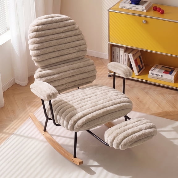 Pinmoco Upholstered Rocking Chair with High Back and Footrest, Faux Rabbit Fur Nursery Glider Accent Chair for Living Room, Bedroom, Reading Nook, Light Camel