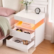 Pinmoco LED Nightstand with Charging Station, 2 Drawers Bedside Table with USB & Type-C Ports, Modern Glossy End Table for Bedroom Living Room, White