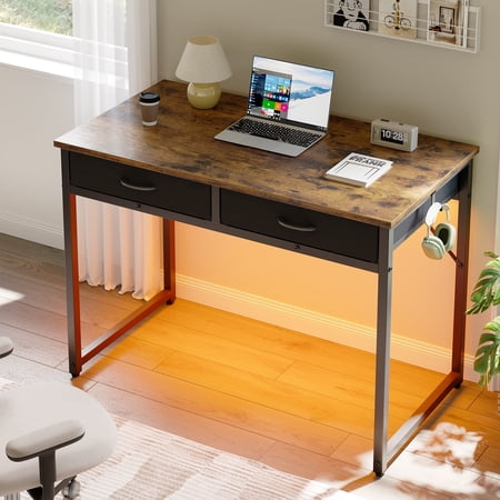 Pinmoco 42 inch Small Desk Computer Desk with Fabric Drawers& RGB LED Light, Writing Desk, White Vanity Desk with Hanging Hook Hook for Home, Bedroom, Rustic