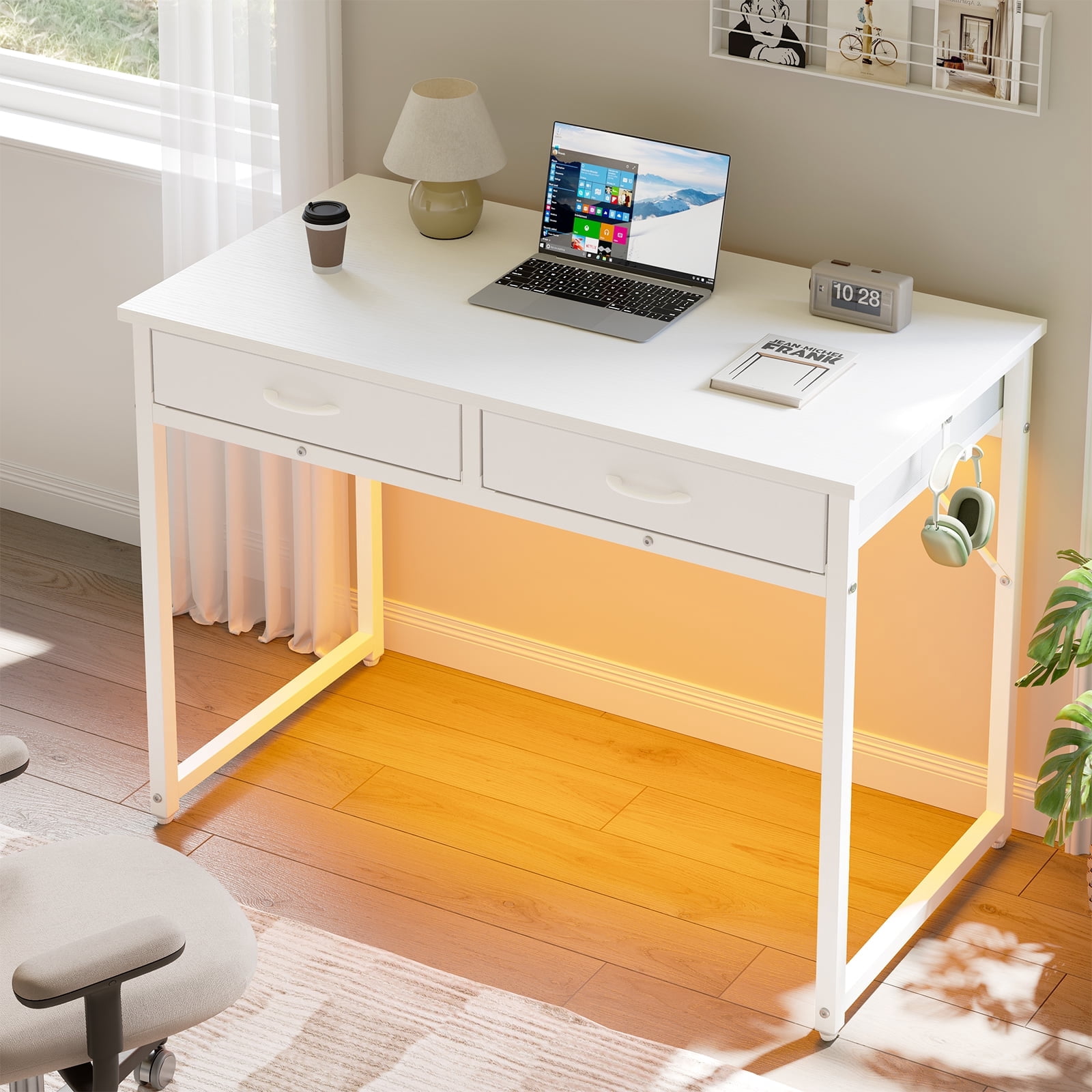 Pinmoco 42 inch Small Desk Computer Desk with Fabric Drawers& RGB LED ...