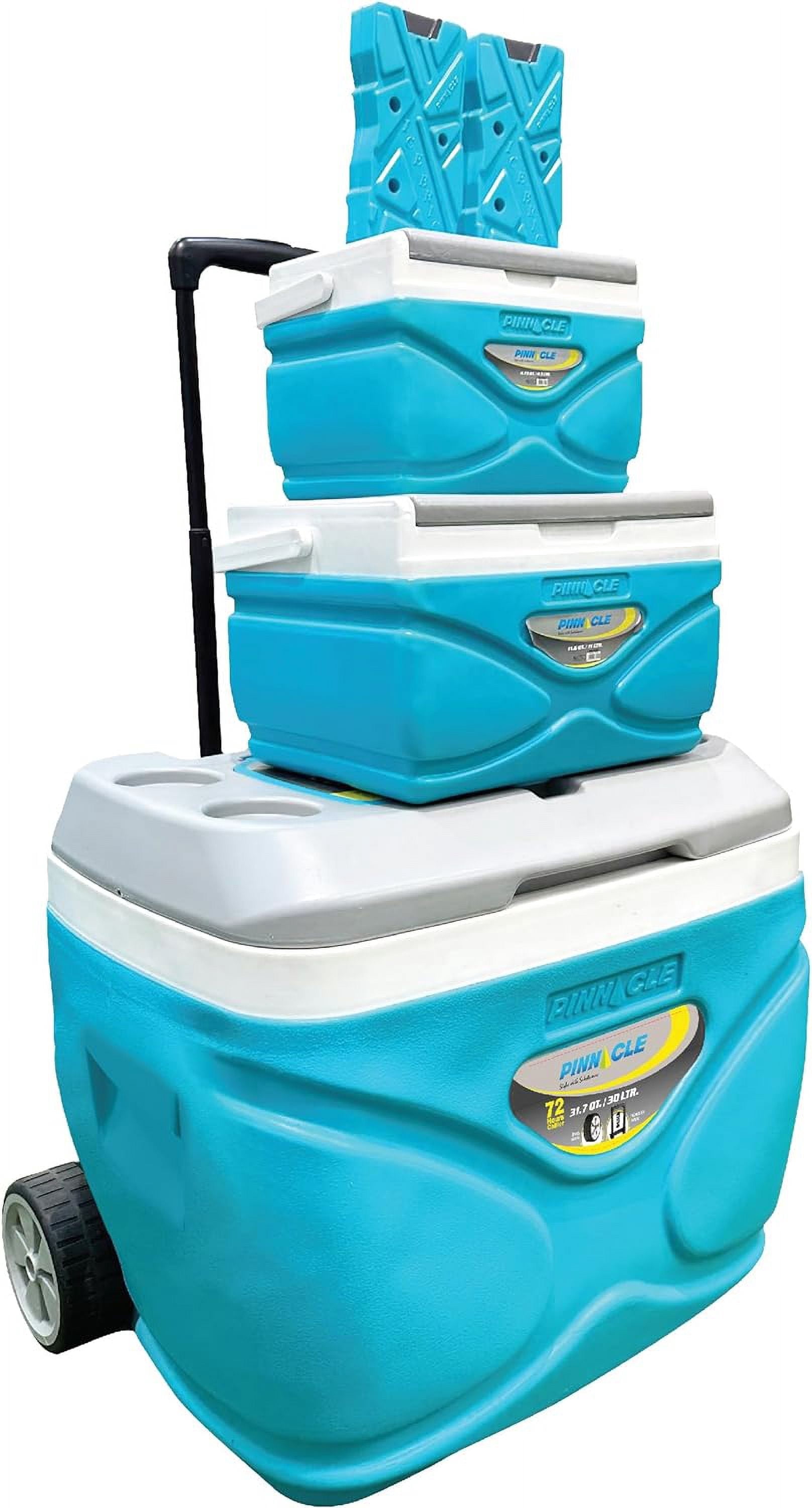 Pinnacle 30L Cooler with Wheels Set, 3 Coolers with Ice Bricks, Cup Holder Lid, Blue