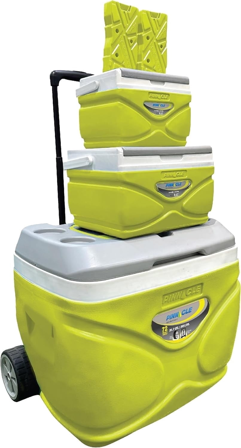 Pinnacle 30L Cooler with Wheels Set, 3 Coolers with Ice Bricks, Cup Holder Lid, Green