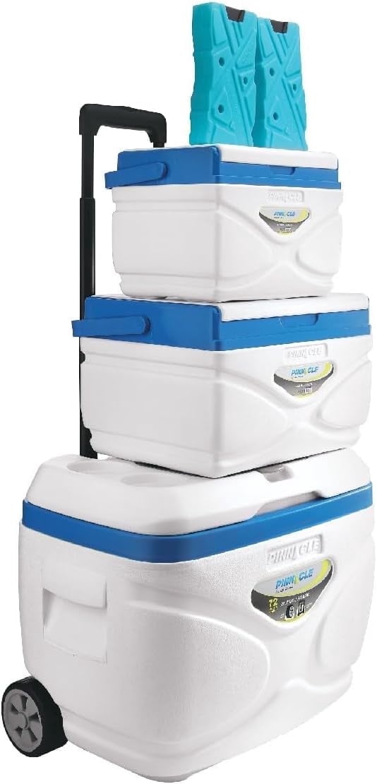 Pinnacle 30L Cooler with Wheels Set, 3 Coolers with Ice Bricks, Cup Holder Lid, Marine