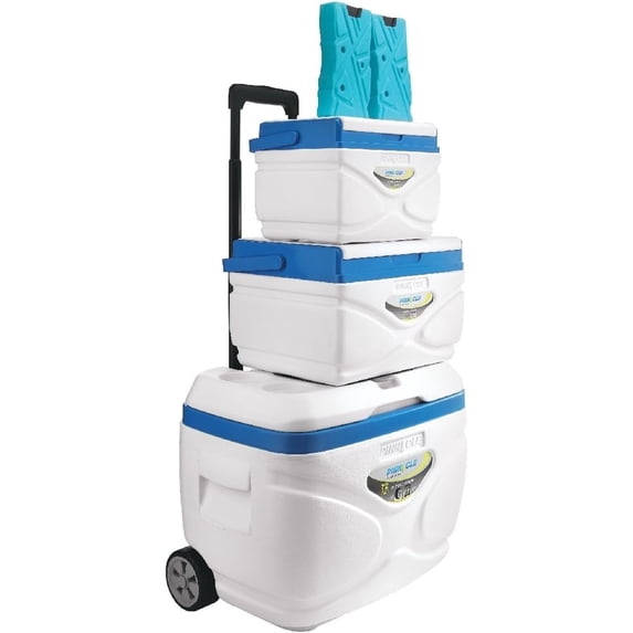 Pinnacle 30L Cooler with Wheels Set, 3 Coolers with Ice Bricks, Cup Holder Lid, Marine