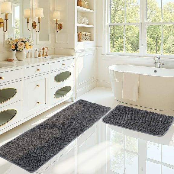 Pinnacle Home Chenille Bathroom Rugs Sets 2 Piece 47x20 in+24x16in, White Rubber Backing, Quick Dry Washable Microfiber Pad, Gray