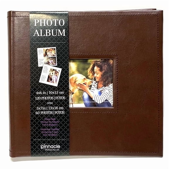 Pinnacle Photo Album Book with Picture Window & Memo Space - Faux Brown Leather Hardcover (9.5" x 8.75", 60 Pages) Holds 4 x 6 and 5 x 7 Pictures