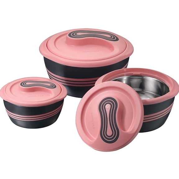 Pinnacle Thermoware 3-Pc 1qt, 2qts, and 2.6qts Insulated Bowl with Lid Casserole Dish Set, Pink