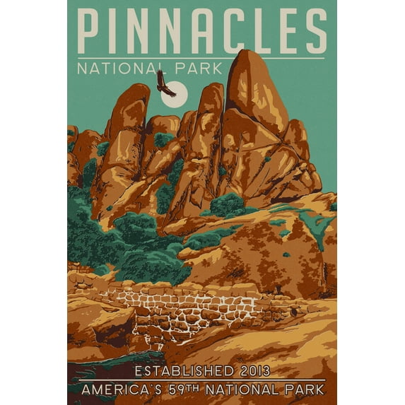 Pinnacles National Park, California, WPA Formations and Condor (12x18 Wall Art Poster, Room Decor)