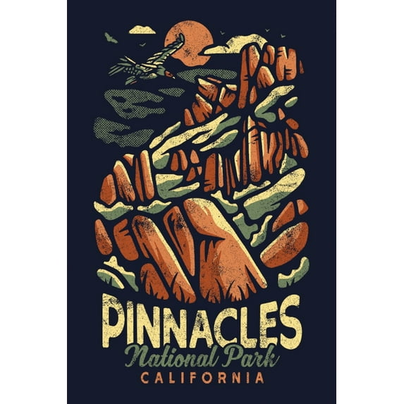 Pinnacles National Park, Distressed Vector (36x54 Giclee Gallery Art Print, Vivid Textured Wall Decor)