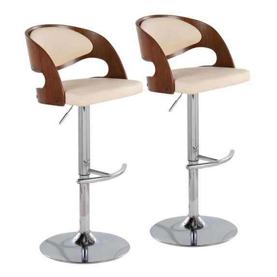 Pino Mid-Century Modern Adjustable Barstool With Swivel In Walnut And Cream Faux Leather - Set Of 2
