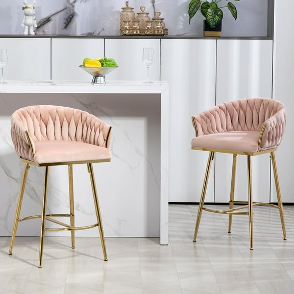 Pinovk 26'' Counter height bar stools Set of 2 kitchen island counter bar stool with hand- wave back,golden chromed base and footrest(PINK)