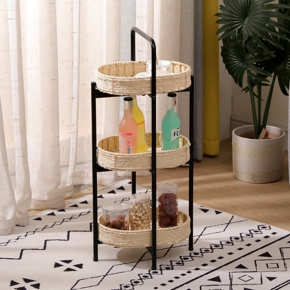Pinovk 3 Tiers Tray Tables Paper Rope Woven Side Table for Living Room Kitchen Oval Storage Basket Small Shelves (Natural)