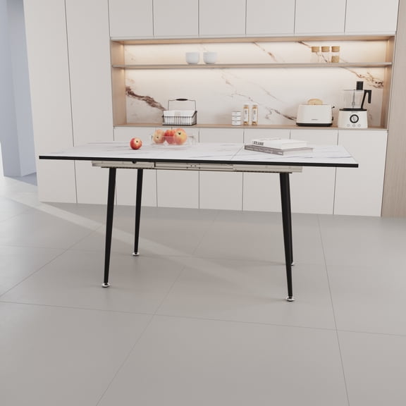 Pinovk 47" expandable to 63" inch MDF square white marble patterned dining table, modern industrial kitchen and dining table, equipped with tapered black metal legs