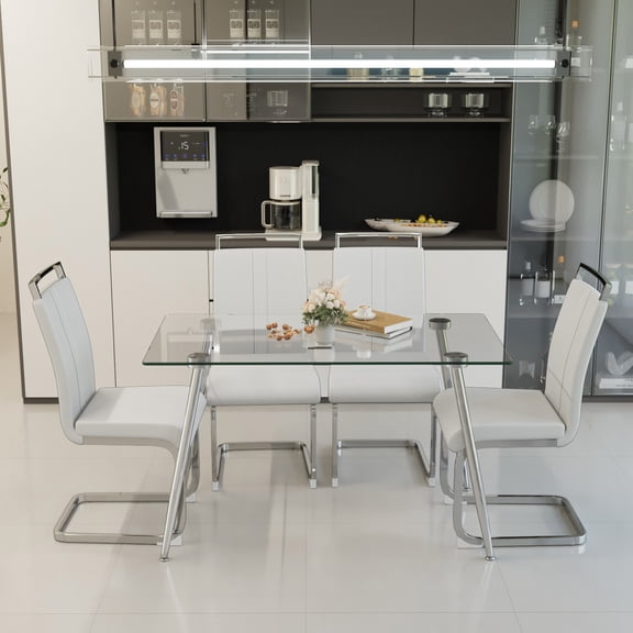Pinovk 51 inch Glass Dining Table Set for 4, Dining Table & Chair Sets with Silver Plating Legs for Kitchen, Modern Rectangle Tempered Glass Table Top and PU Dining armless Chair for Dining Room