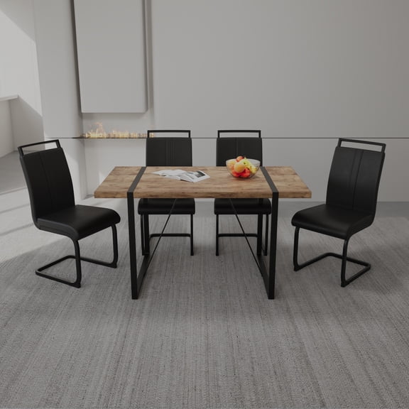 Pinovk 55 " Dining Table Rural Industrial Rectangular MDF Dark Wood Set and PU Armless Dining Chair Set 4, Kitchen Black Metal Table Leg Dining Chair Set