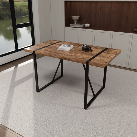Pinovk 55 " dining table modern rural industrial rectangular MDF dark wood, 4-6 people, 1.5" thick engineering wood tabletop and black rectangular metal legs, used for home & kitchen