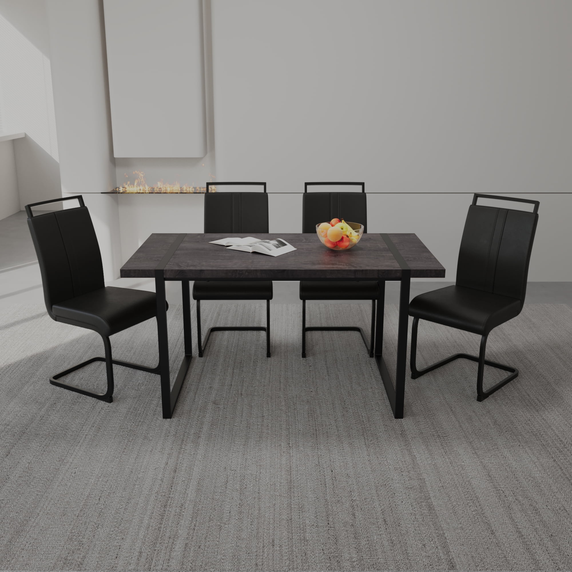 Pinovk 59 " Dining Table Rural Industrial Rectangular MDF Black Set and ...