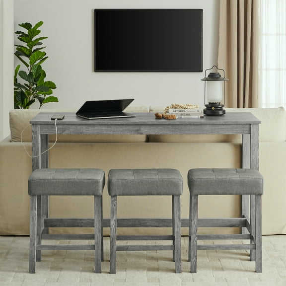 Pinovk 59 Inch Bar Table, Dining Table, Sofa Table with Power Outlet, 3 Upholstered Stools, 4 Piece Bar Table and Chair Set for Living Room, Dining Room, Kitchen