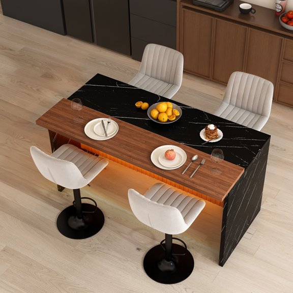 Pinovk 63" Modern Kitchen Island Set with 4 Gray Bar Stools - Black Marble Look Surface, LED Lighting & Grill Design for Dining Room, Open Concept Spaces, Lounge(4 Gray Bar Stools)