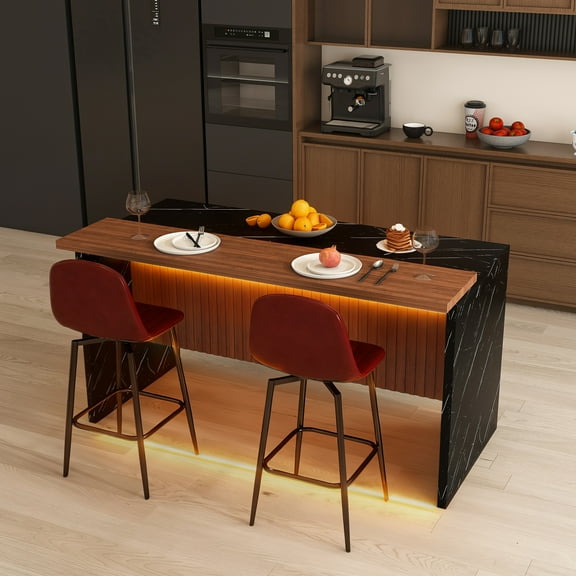 Pinovk 63-inch Modern Kitchen Island Set with 2 Dark Brown Bar Stools - Black Marble Look Surface, LED Lighting & Grill Design for Dining Room, Open Concept Spaces, Lounge(2 Dark Brown Bar Stools)