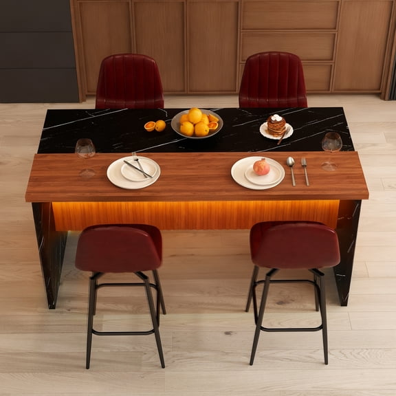 Pinovk 63-inch Modern Kitchen Island Set with 4 Dark Brown Bar Stools - Black Marble Look Surface, LED Lighting & Grill Design for Dining Room, Open Concept Spaces, Lounge(4 Dark Brown Bar Stools)