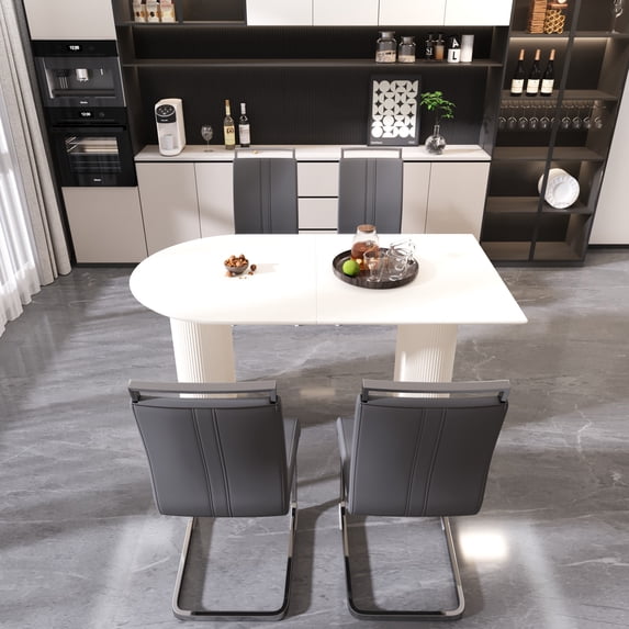 Pinovk 63 "medieval modern cream style MDF dining table and PU armless dining chair set 4. Assemble Desktop and Silver plated metal leg dining chair set, suitable for home&kitchen