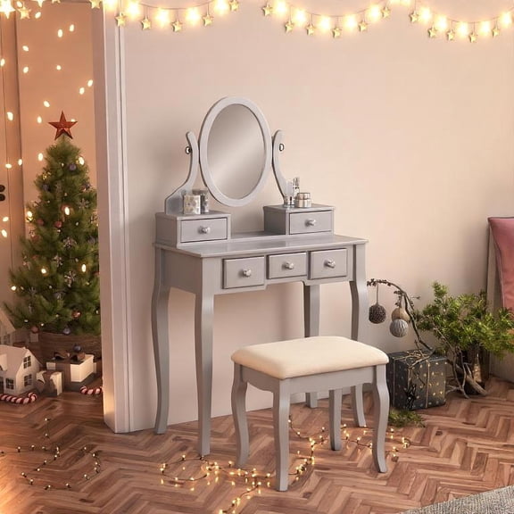 Pinovk Ashley Wood Make-Up Vanity Table and Stool Set, Silver