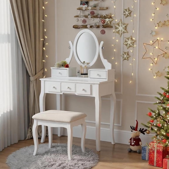 Pinovk Ashley Wood Make-Up Vanity Table and Stool Set, White