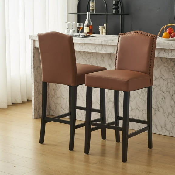 Pinovk Barstools Set of 2, Upholstered Bar Stools for Kitchen Island, Brown Rubberwood Legs PU Faux Leather Seating 300LBS Weight Capacity