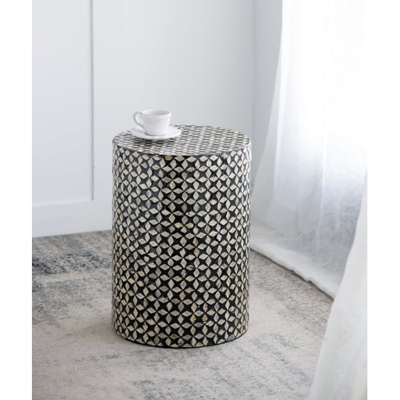 Pinovk D14x20" Black Round Accent Capiz Stool, Garden Side Table