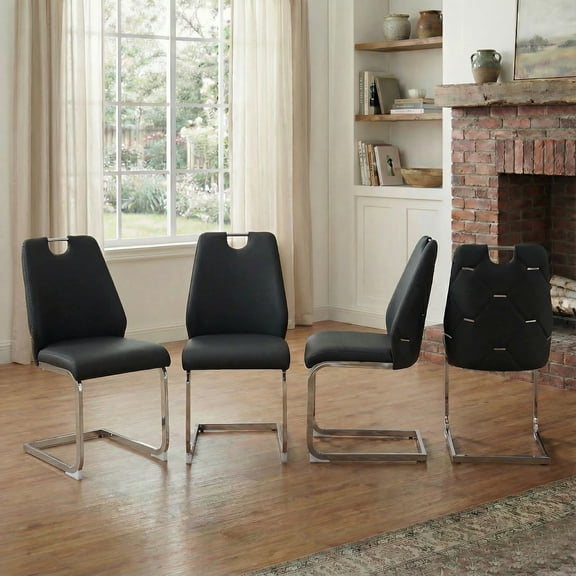 Pinovk Dining Chairs Set of 4, Black Faux Leather Kitchen Chairs with Gold Mesh Texture, Silver Back Ring and Chrome Pull Handle, High Back Upholstered Dining Room Chair (Black, Set of 4)