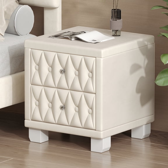 Pinovk Elegant Velvet Nightstand with 2 Drawers and Crystal Handle, Storage Bedside Table with Button-Tufted, Beige