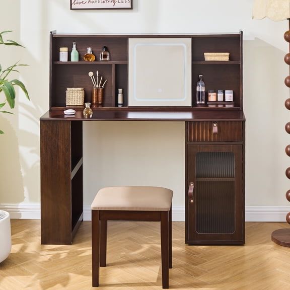 Pinovk Elegant makeup vanity desk with 3 modes Adjustable Lighted Mirror,modern dressing table set with large shelves, drawer and canbinet,Walnut