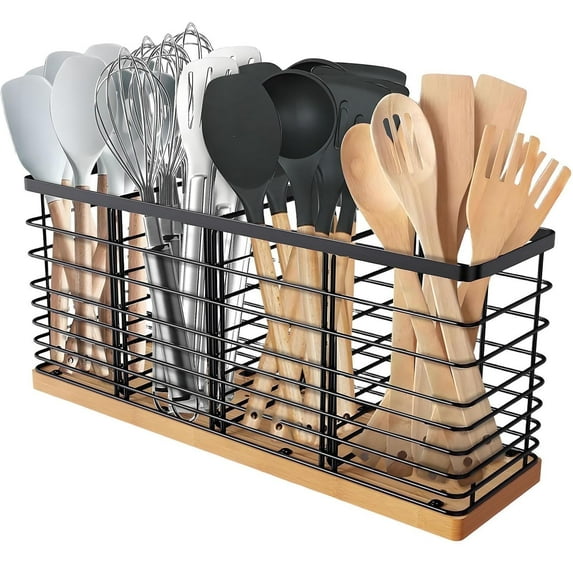 Pinovk Extra Large Kitchen Utensil Holder with 4 Compartments – Matte Black Metal & Wooden Base, Farmhouse Style Countertop Organizer for Spoons, Spatulas, Ladles