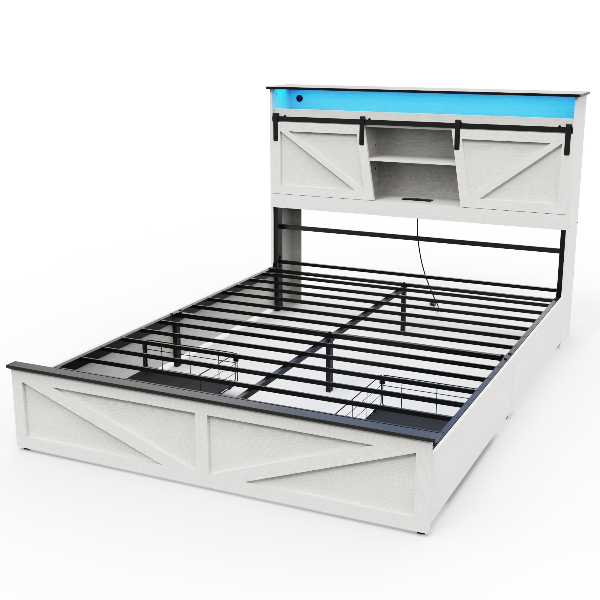 Pinovk Farmhouse Full Size Bed Frame with Storage Headboard and Drawers ...