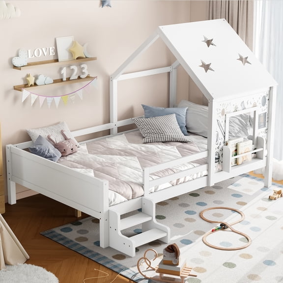 Pinovk Full House Beds with Low-Profile Stairs and a Window, Solid Wood House Platform Bed with a Bookcase, Blackboard Design, and Cute Star-shape Roof, No Box Spring Needed, White